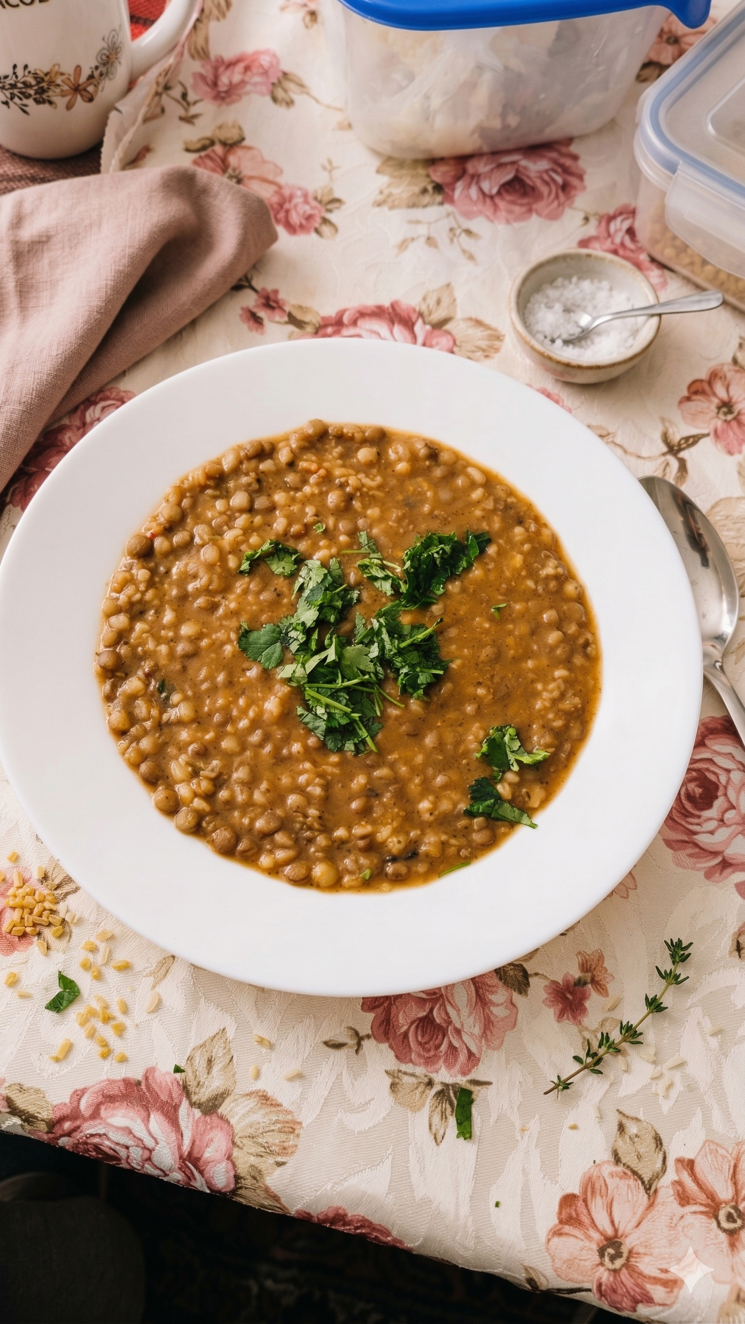 Lentil, bulgur and rice stew with lettuce apple salad and white sheep cheese